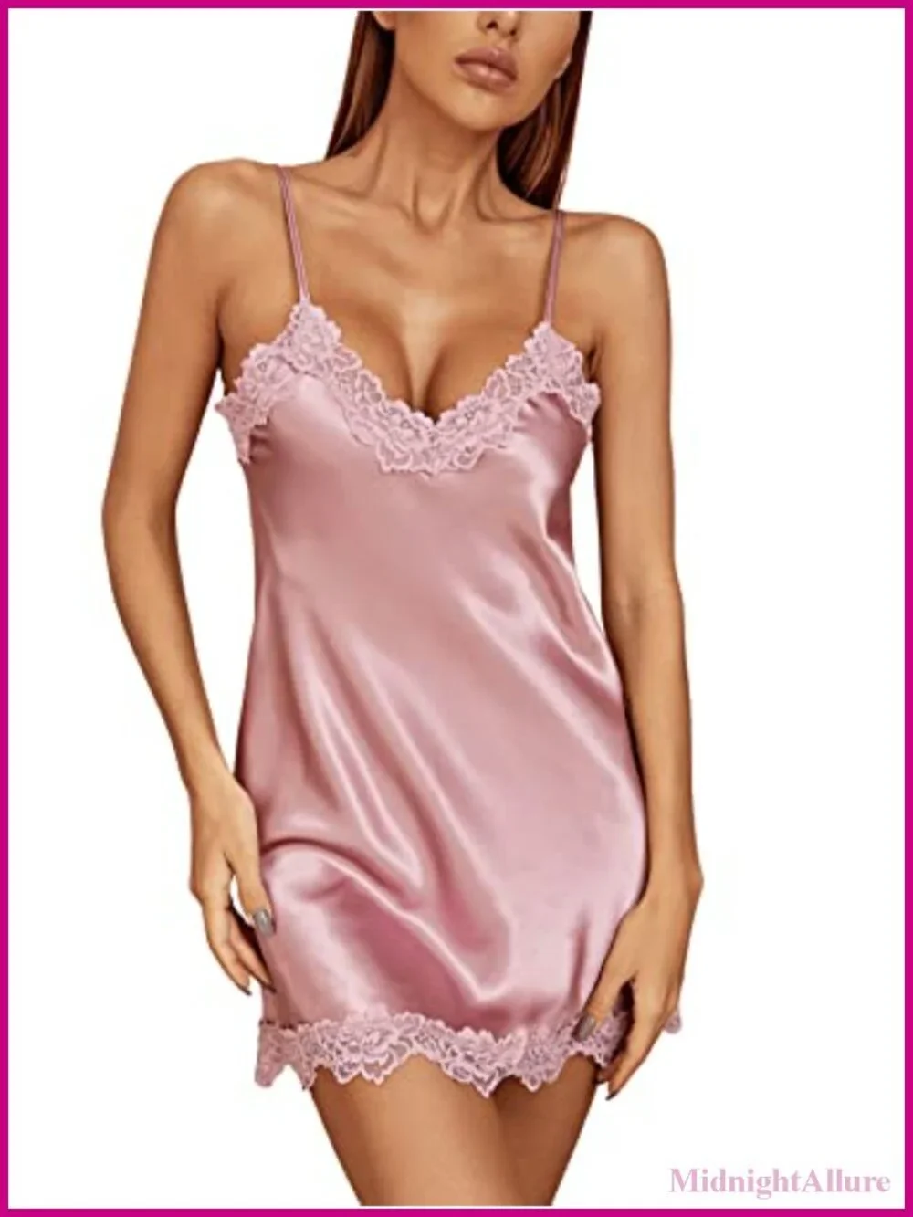 Lace Chemise Nightgown V-Neck Satin Slip Dress Adjustable Straps Sleepwear